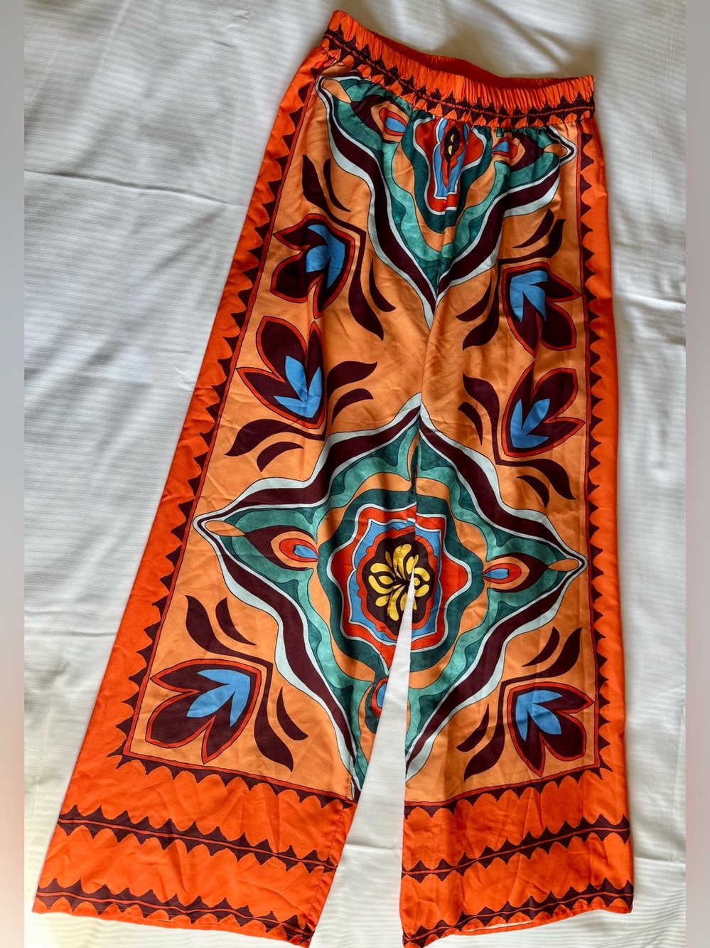 Sweet Rain Orange Floral-Print wide legged pants with Teal & Blue Accents